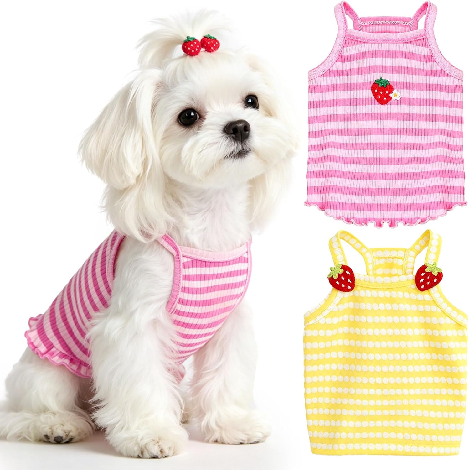 2 Pack Dog Shirts for Small Dogs Cute Girl Dog Clothes Strawberry Stripe & Polka Dot Puppy Tshirt Summer Sleeveless Pet Tank Top Breathable Doggy Outfits Cat Chihuahua Yorkie Shih Tzu Clothes