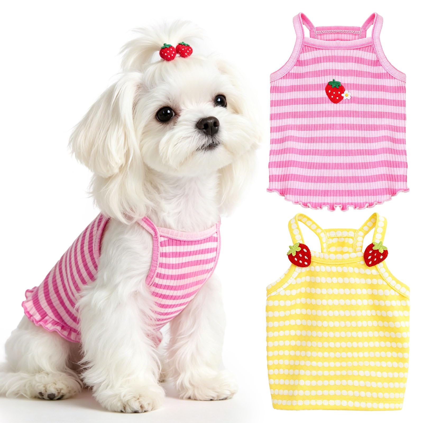 2 Pack Dog Shirts for Small Dogs Cute Girl Dog Clothes Strawberry Stripe & Polka Dot Puppy Tshirt Summer Sleeveless Pet Tank Top Breathable Doggy Outfits Cat Chihuahua Yorkie Shih Tzu Clothes