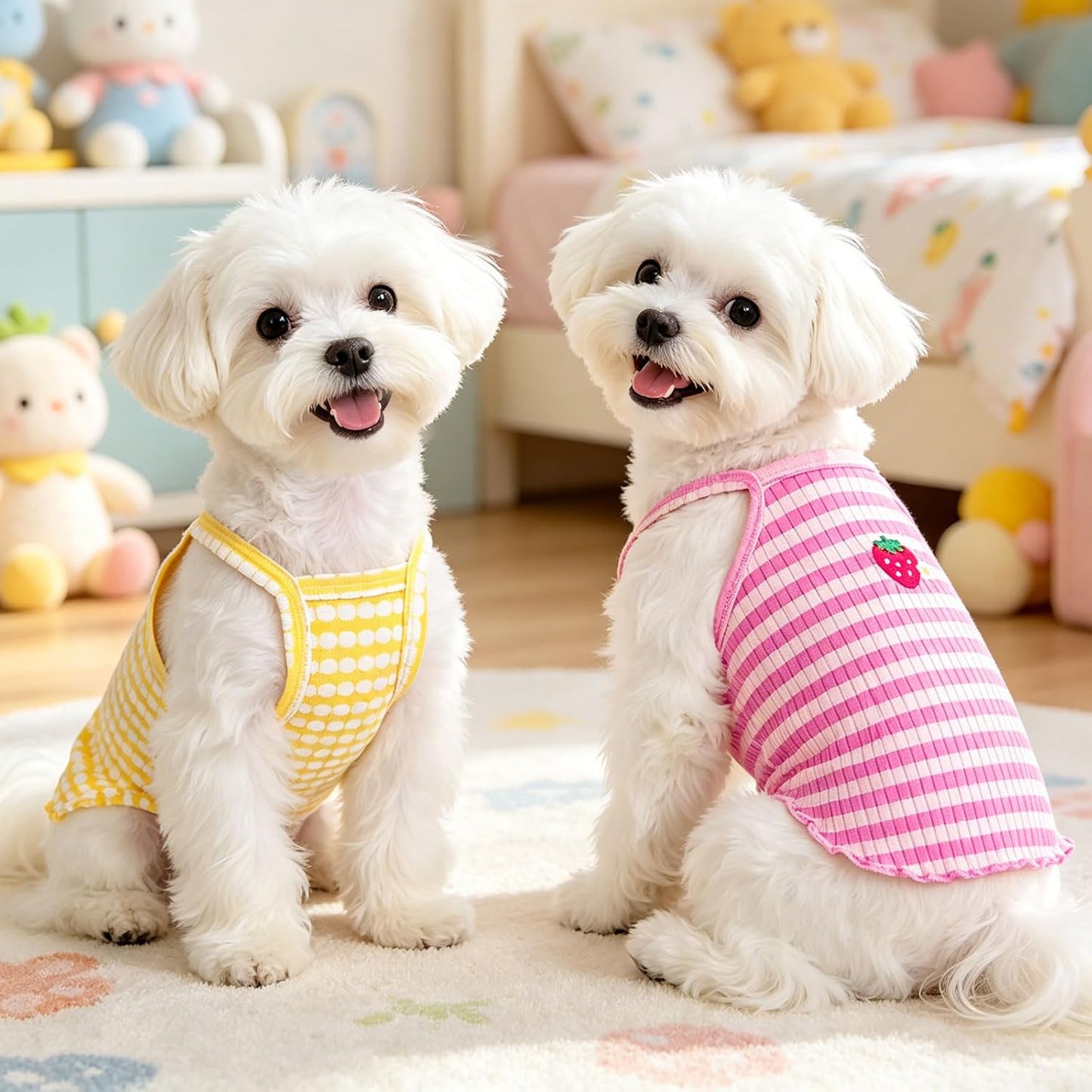 2 Pack Dog Shirts for Small Dogs Cute Girl Dog Clothes Strawberry Stripe & Polka Dot Puppy Tshirt Summer Sleeveless Pet Tank Top Breathable Doggy Outfits Cat Chihuahua Yorkie Shih Tzu Clothes