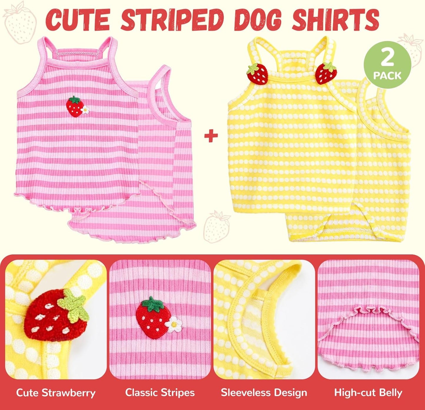 2 Pack Dog Shirts for Small Dogs Cute Girl Dog Clothes Strawberry Stripe & Polka Dot Puppy Tshirt Summer Sleeveless Pet Tank Top Breathable Doggy Outfits Cat Chihuahua Yorkie Shih Tzu Clothes